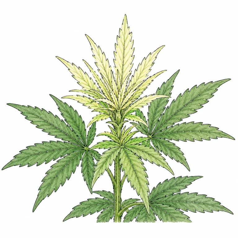 Junge Cannabis-Triebspitze mit Eisenmangel-Symptomen