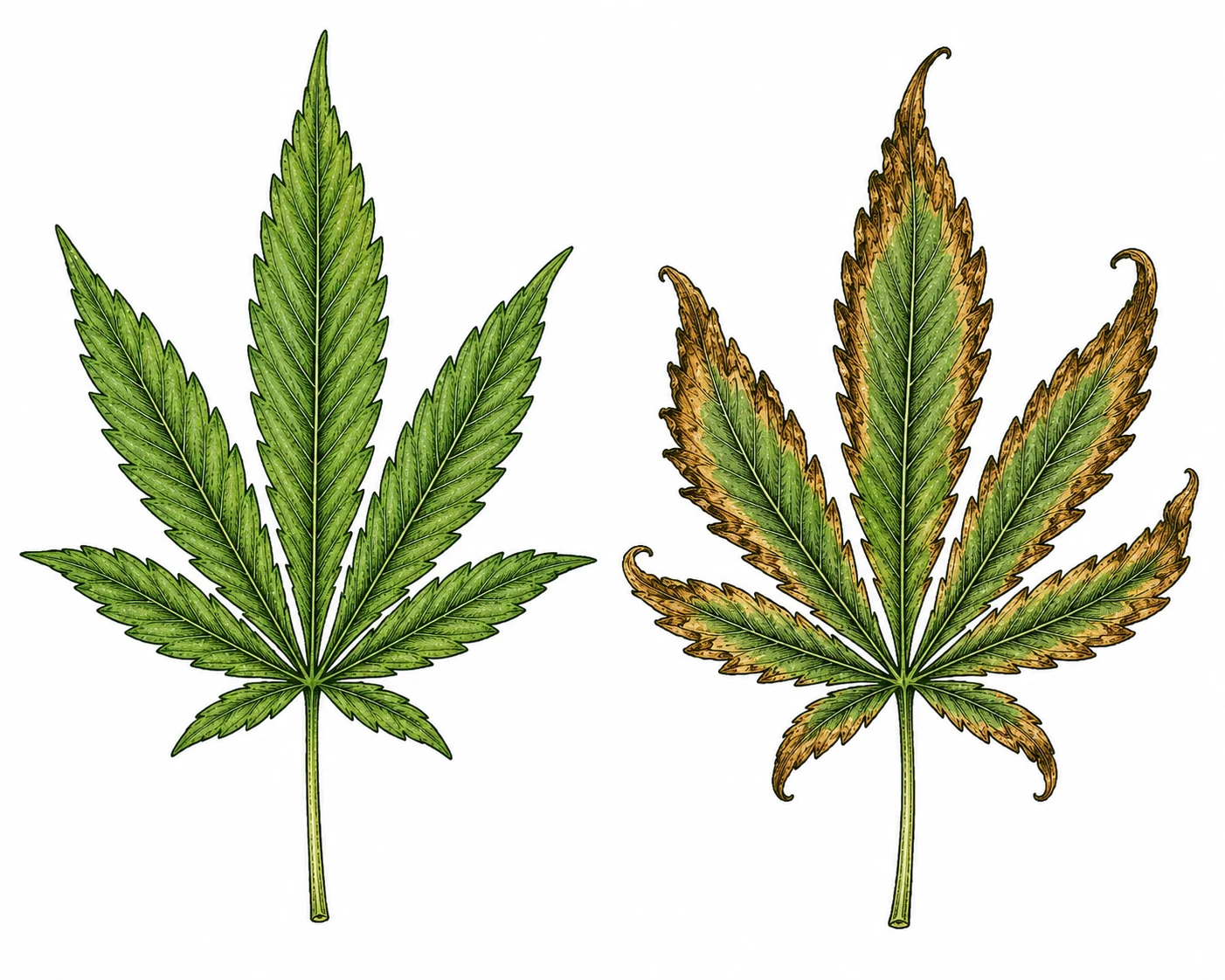 Kaliummangel Cannabis Blatt braune nekrotische Ränder Spitzen