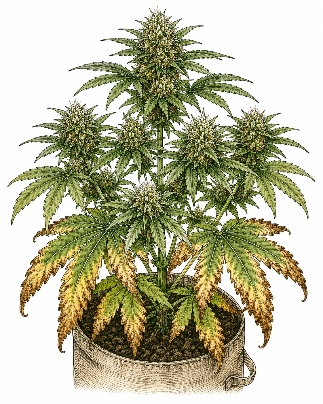 Kaliummangel Cannabis Blütephase untere Blätter Symptome Knospen