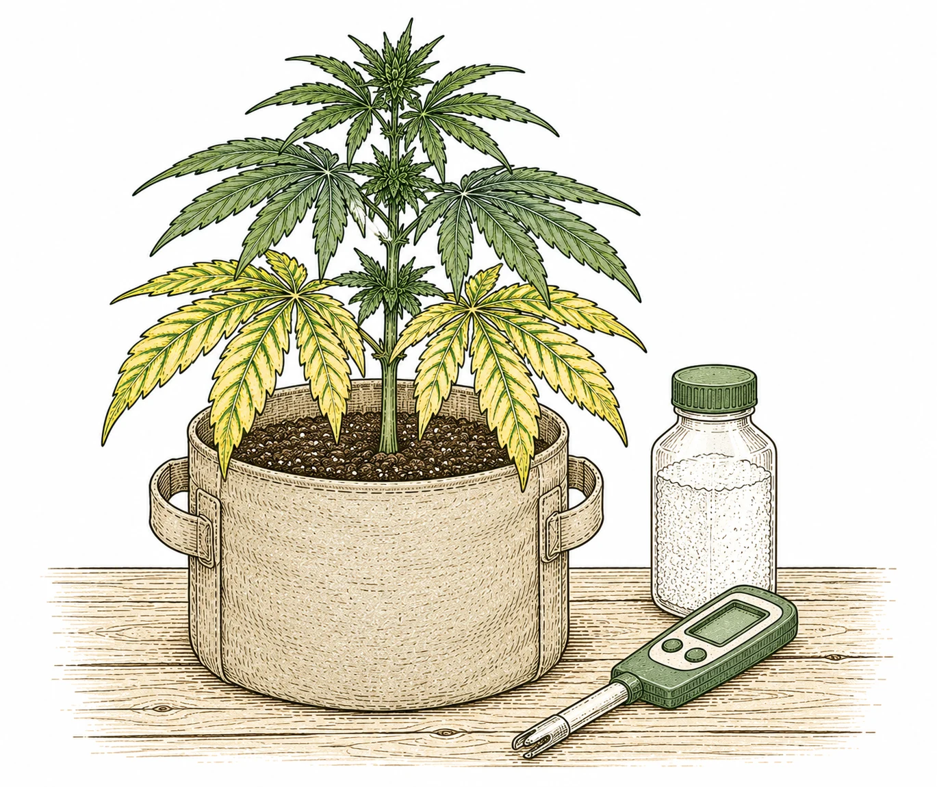 Magnesiummangel Cannabis — gelbe Blätter mit grünen Adern
