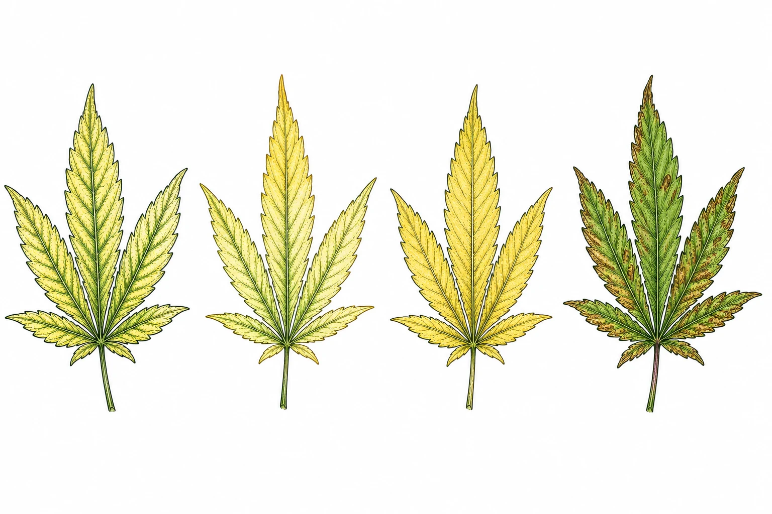 Magnesiummangel Cannabis Vergleich – vier Mangelbilder nebeneinander
