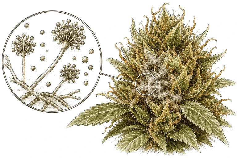Mikroskopische Darstellung von Botrytis cinerea Sporen auf Cannabis