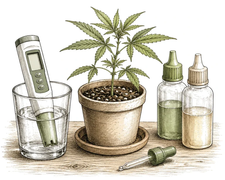 pH-Messgerät mit Cannabis Setzling und pH-Up pH-Down Flaschen