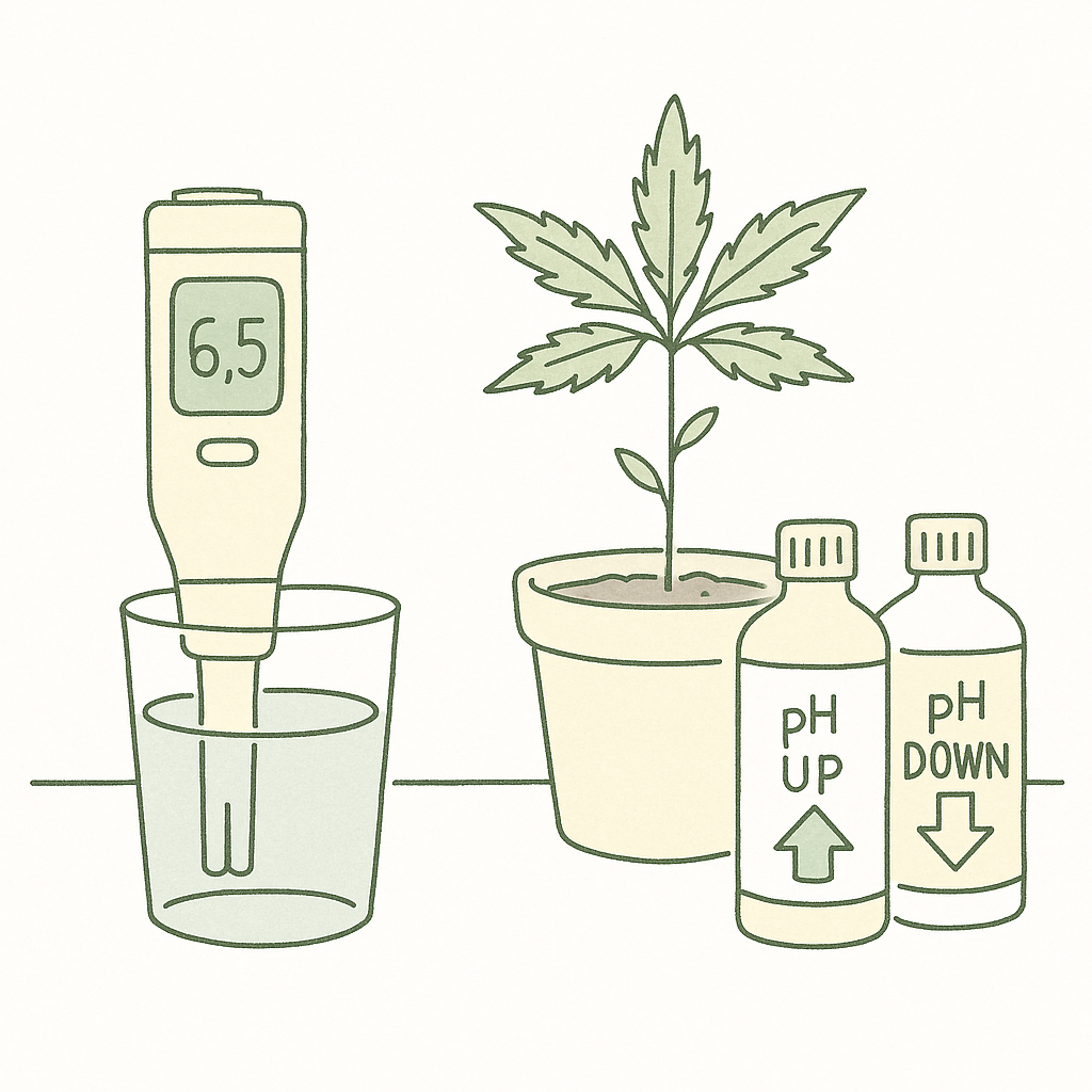pH-Messgerät mit Cannabis Setzling und pH-Up pH-Down Flaschen