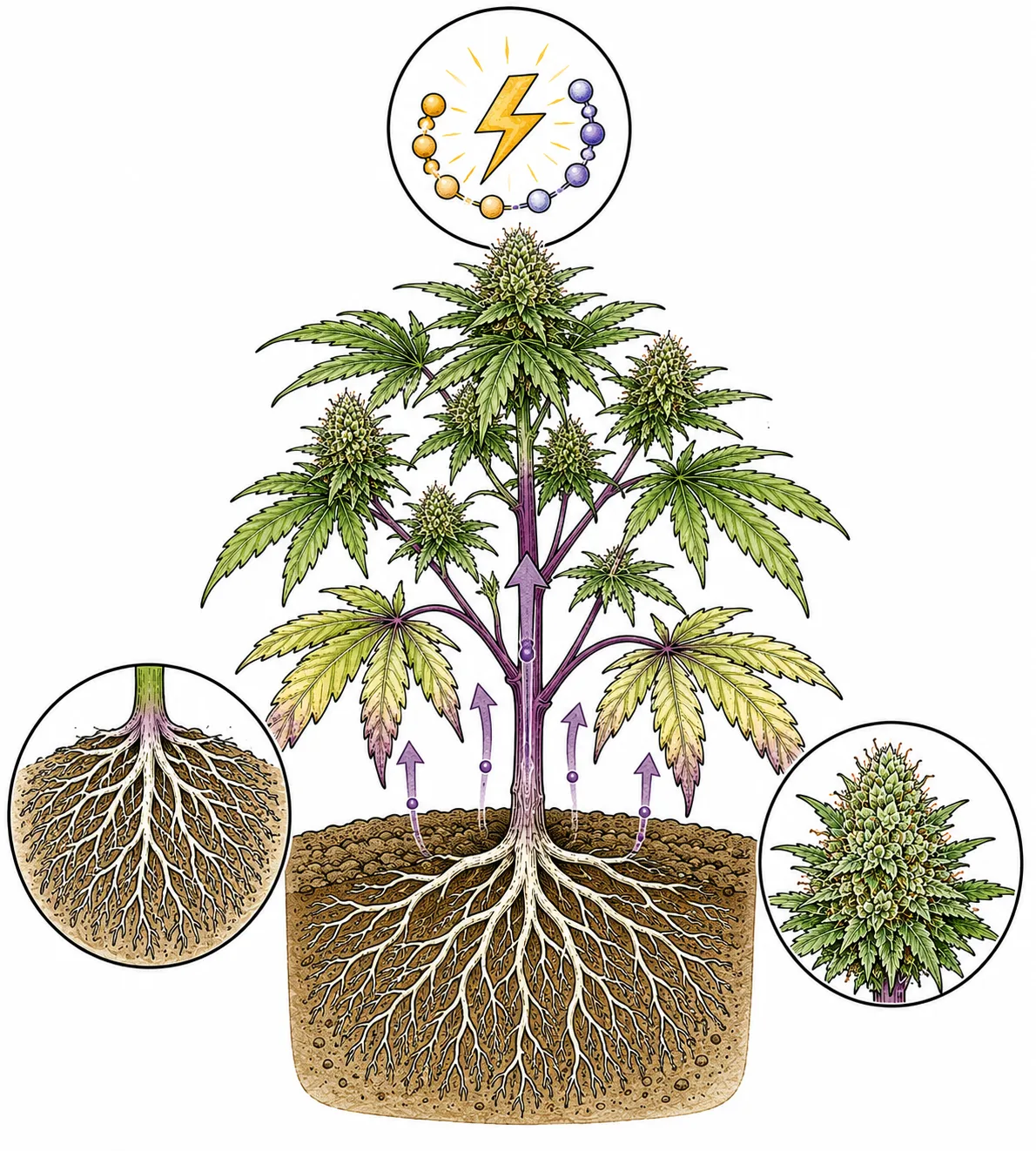 Infografik Phosphor Stoffwechsel Cannabis mit Symbolen für Energieübertragung, Wurzelwachstum und Blütenbildung