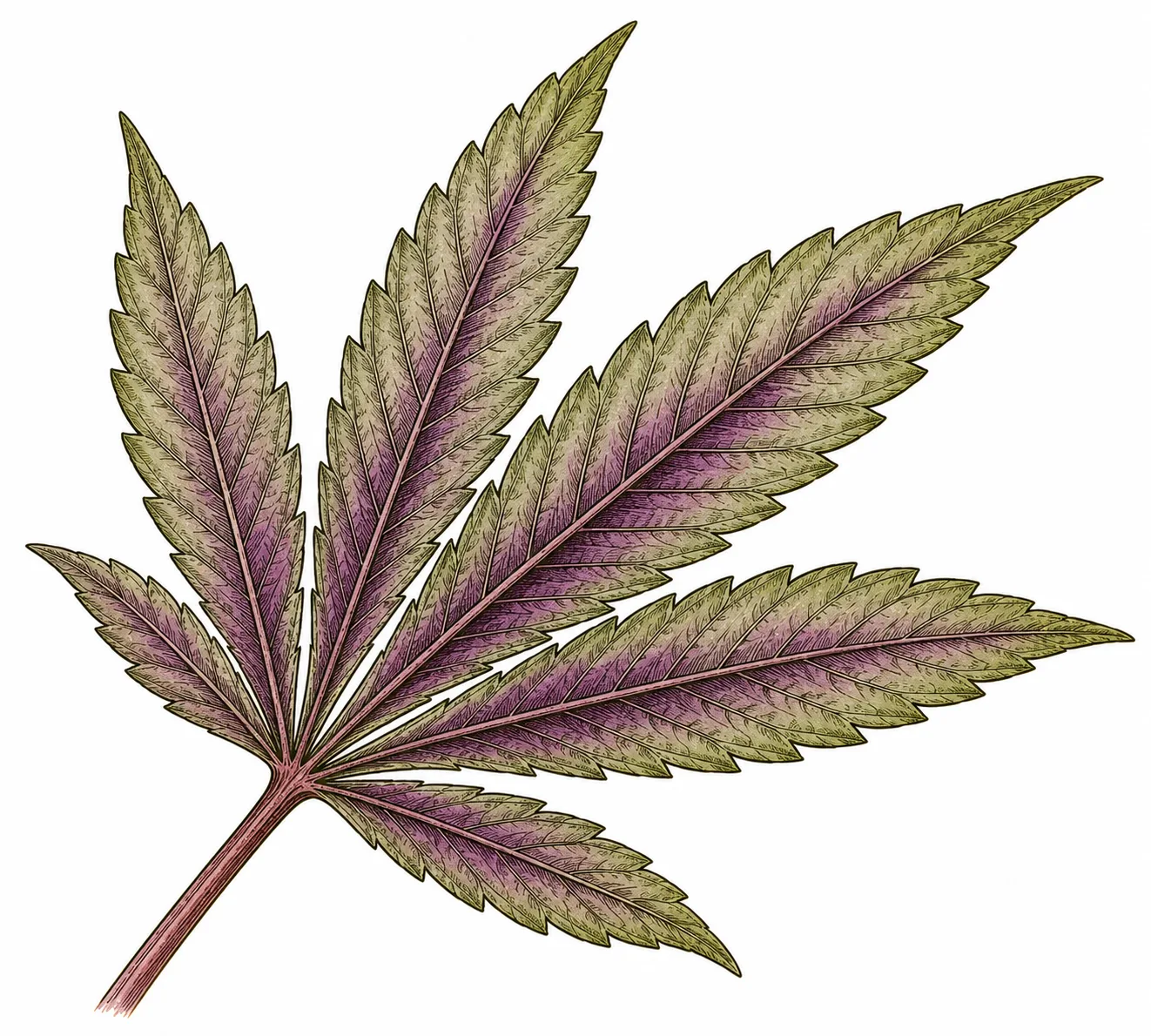 Phosphormangel Cannabis Symptom: lila-violette Verfärbung auf der Blattunterseite mit rötlichem Blattstiel