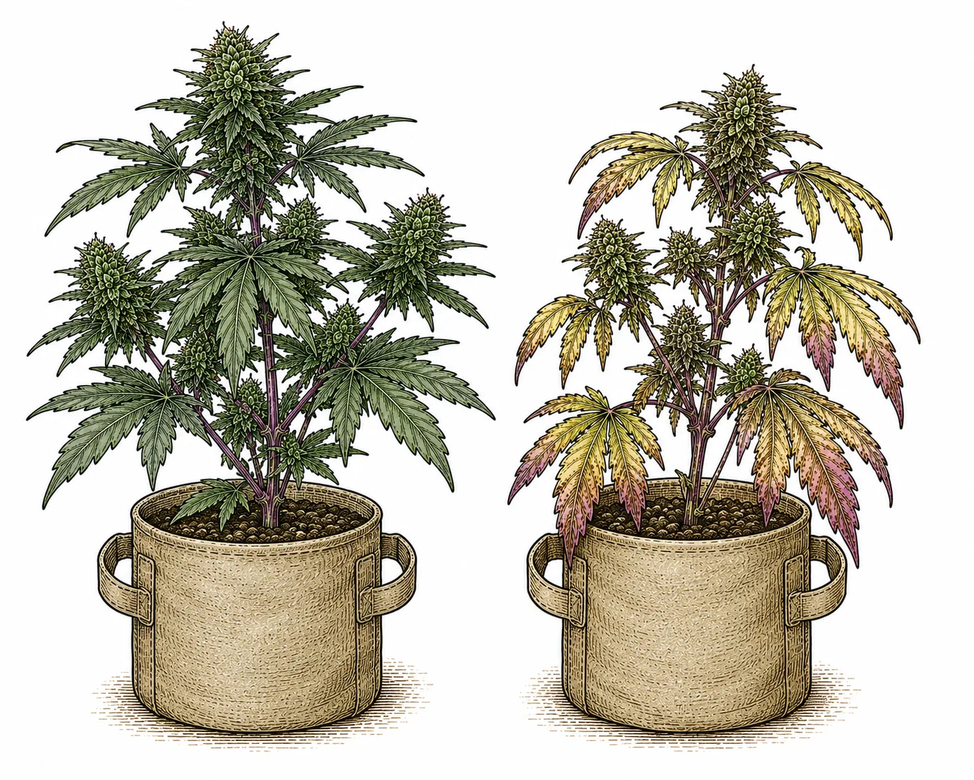 Vergleich Phosphormangel Cannabis und genetische Lila-Färbung: gesunde Pflanze links, Mangelerscheinungen rechts