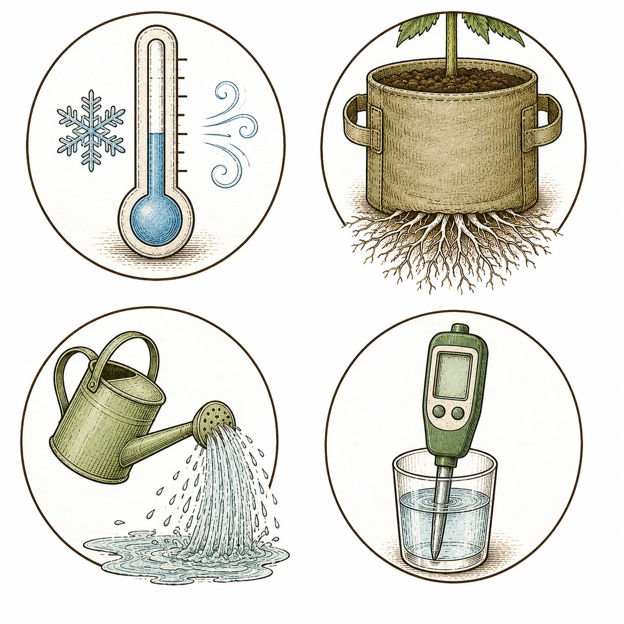 Phosphormangel Cannabis Ursachen: pH-Messgerät, Kältethermometer, überfüllter Topf und Gießkanne als Icons