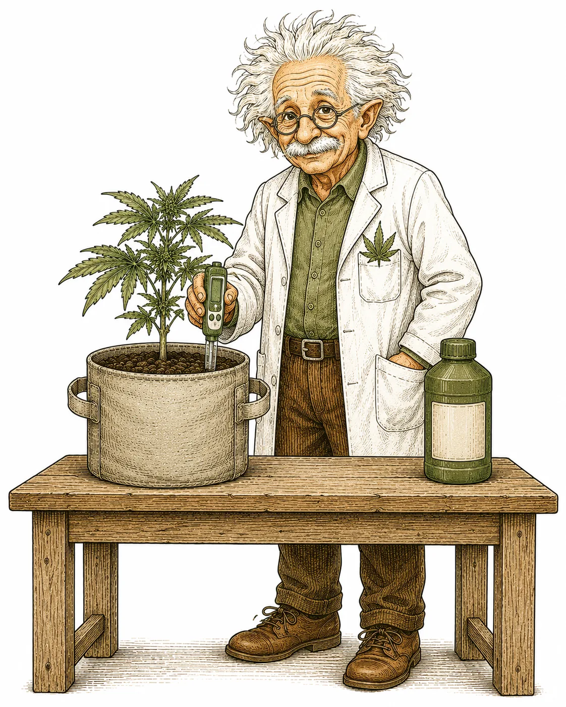 Plantage Doc misst pH-Wert im Cannabis-Topf neben einer Flasche Phosphor-Dünger