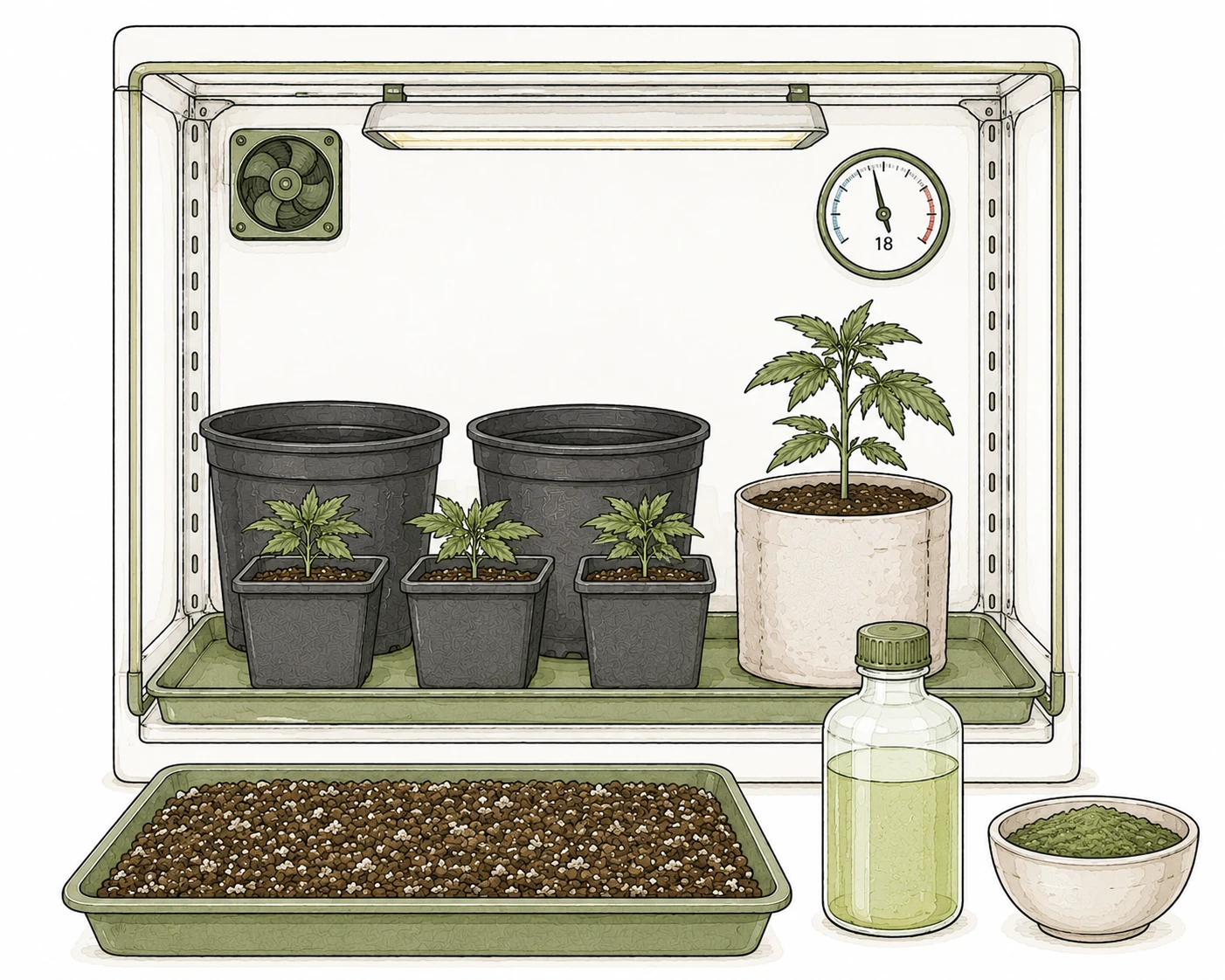 Saubere Growbox zur Pythium-Prävention mit kontrollierter Temperatur, Trichoderma-Produkt und gesundem Substrat
