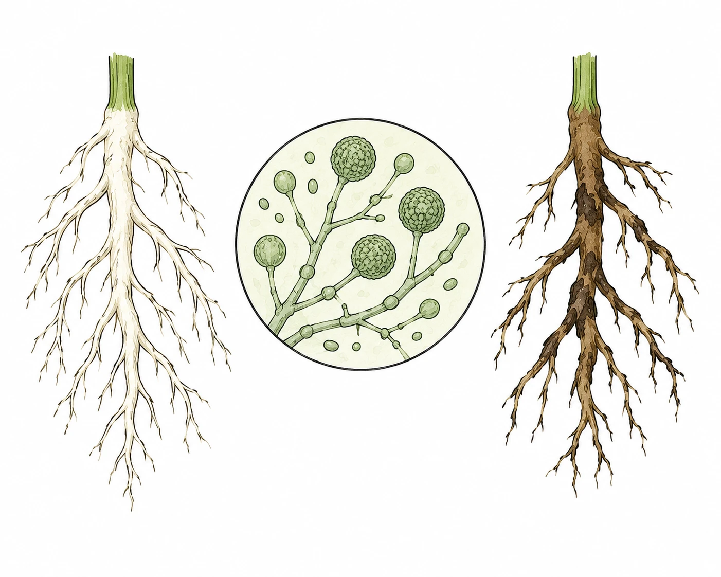 Pythium-Sporen im Vergleich zu gesunder und Pythium-befallener Cannabis-Wurzel