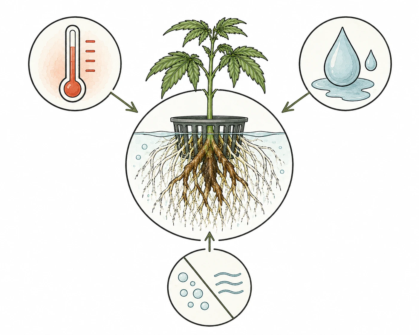 Infografik zu Ursachen von Pythium bei Cannabis: hohe Temperatur, Staunässe und schlechte Belüftung im Wurzelbereich