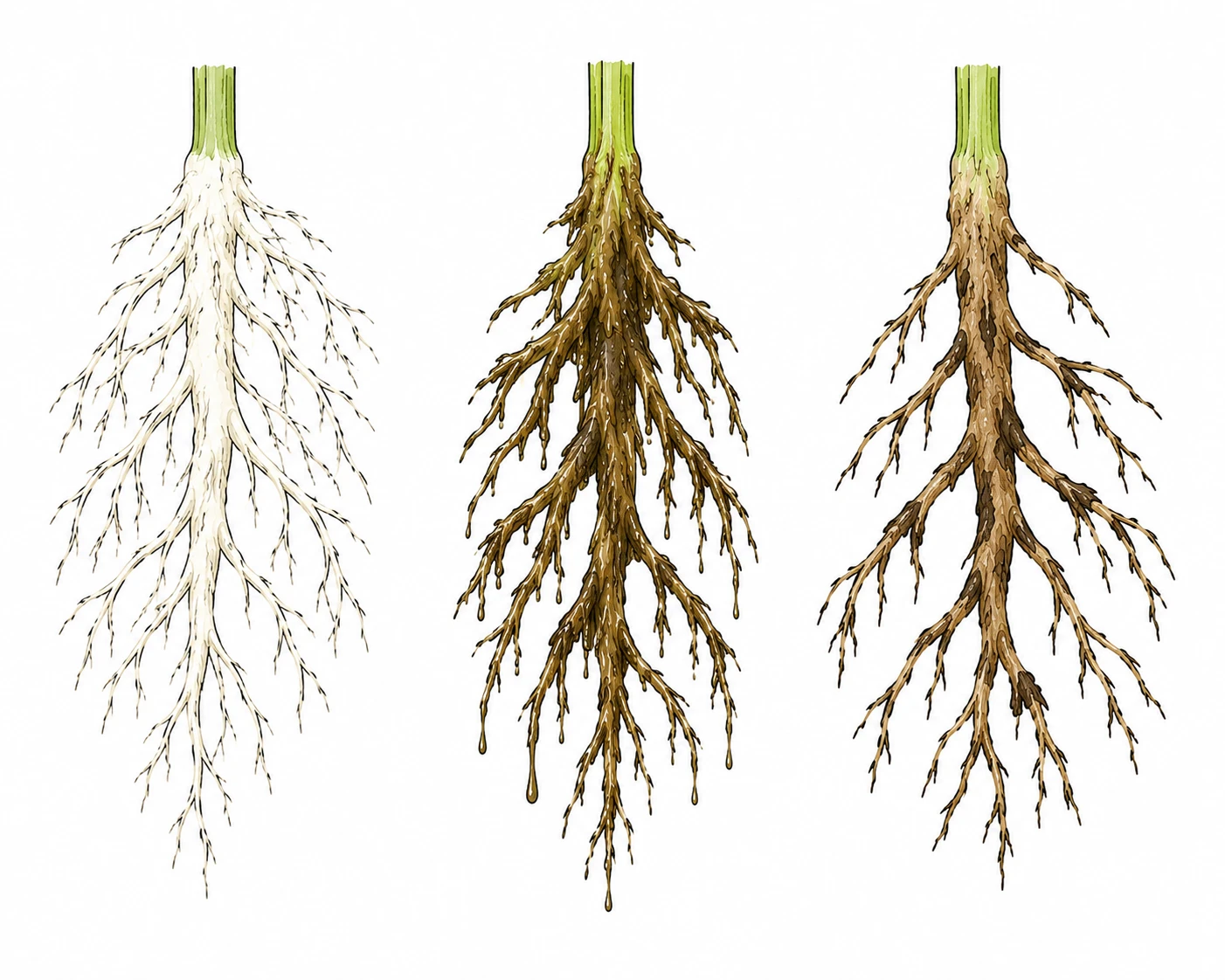 Vergleich von Cannabis-Wurzeln: gesund, mit Pythium-Befall und mit mechanischem Schaden