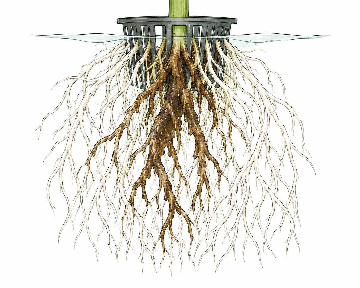 Cannabis-Wurzeln im Hydro-System mit braunem schleimigem Pythium-Belag im Vergleich zu gesunden weißen Wurzeln