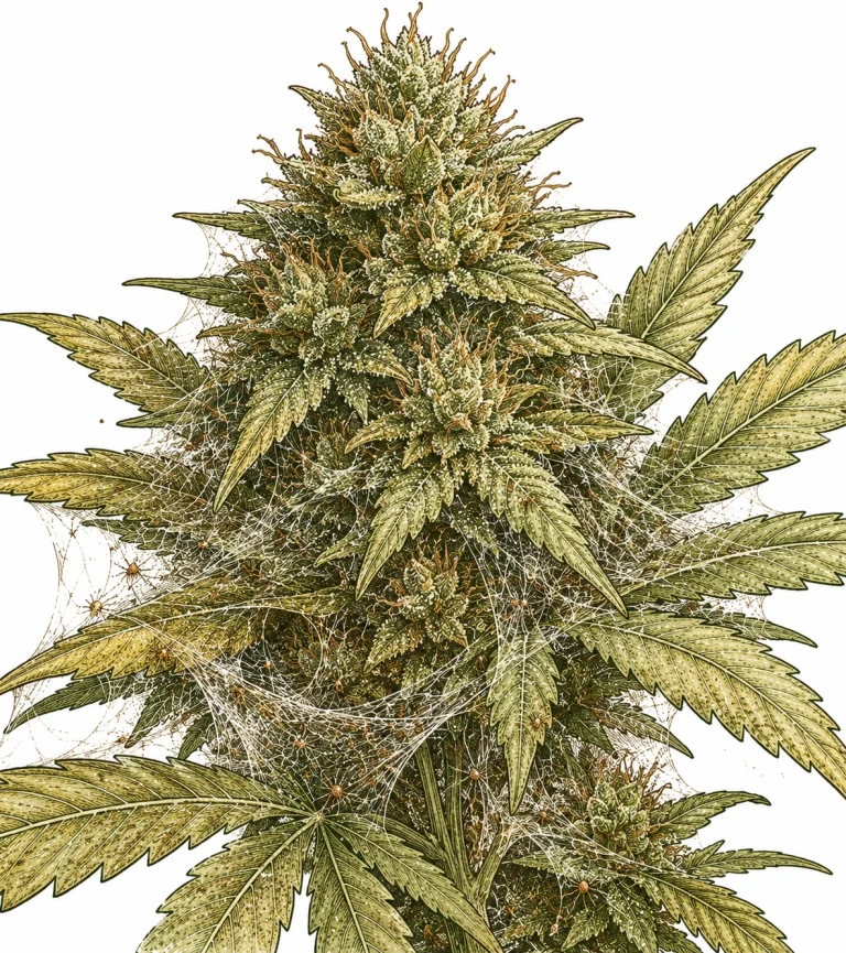 Spinnmilben bekämpfen in der Blütephase — Gespinste an Cannabisblüte und Blattwerk
