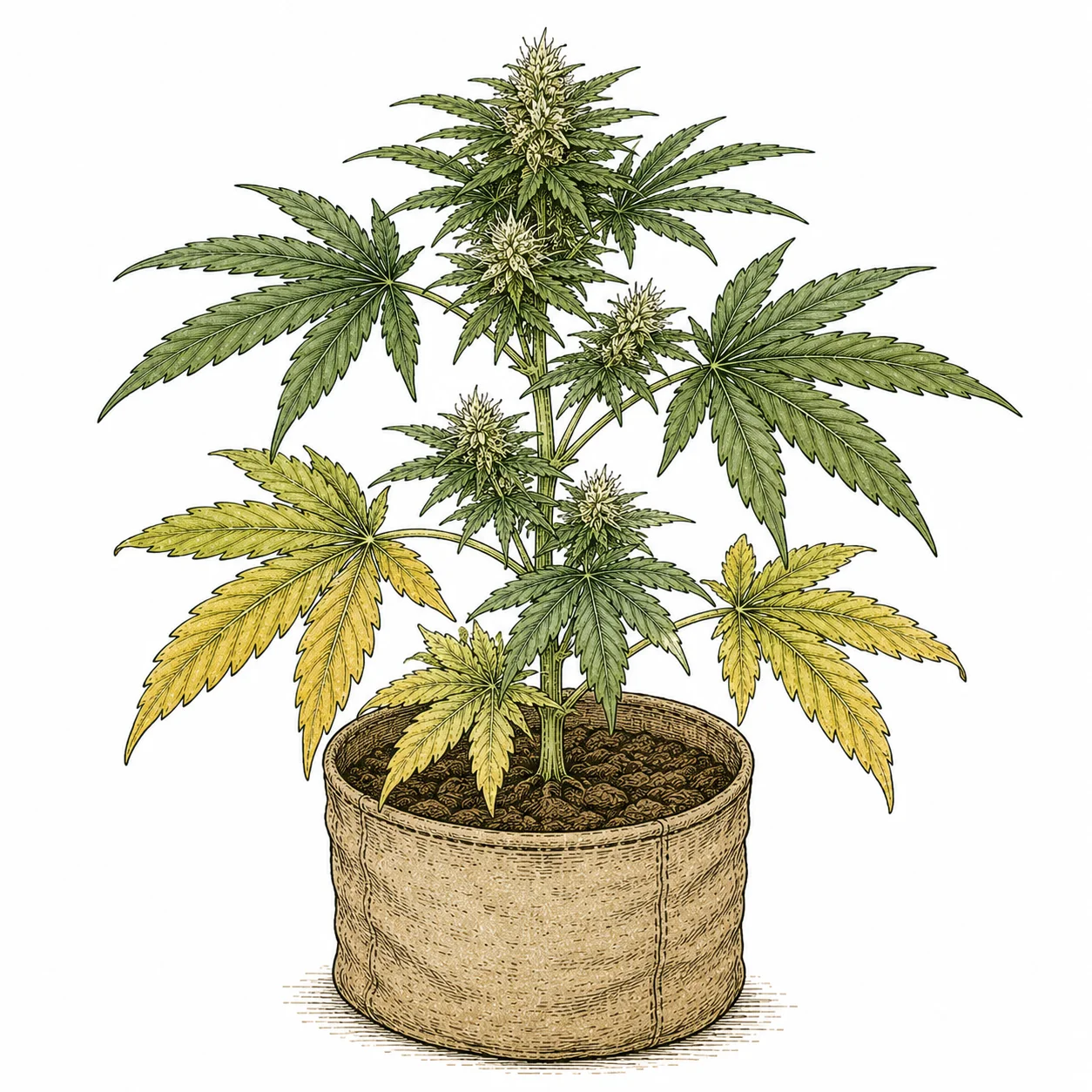 Stickstoffmangel Blütephase Cannabis untere Blätter vergilben