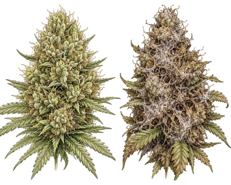 Vergleich: gesunde Cannabis-Blüte links, Botrytis-befallene Blüte rechts