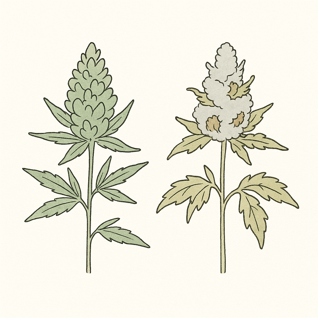 Vergleich: gesunde Cannabis-Blüte links, Botrytis-befallene Blüte rechts