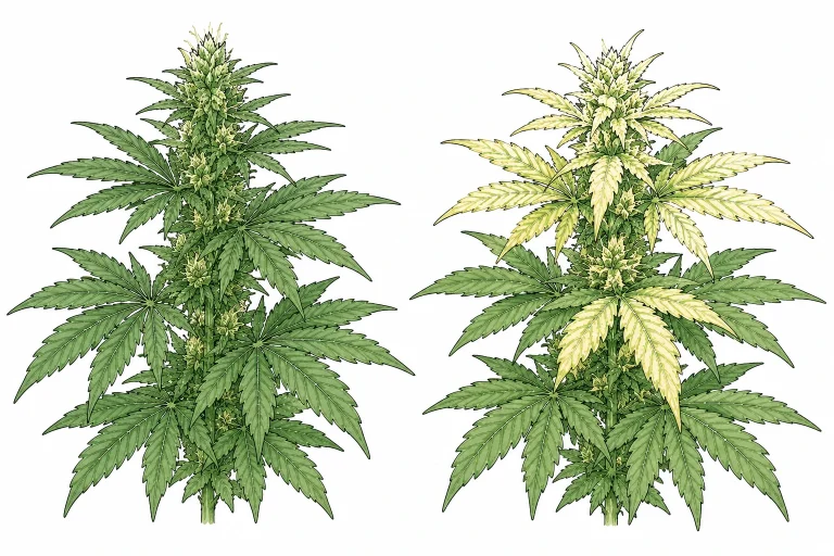 Vergleich gesunde Cannabis-Blätter und Lichtverbrennung mit gelblich ausgebleichten Triebspitzen