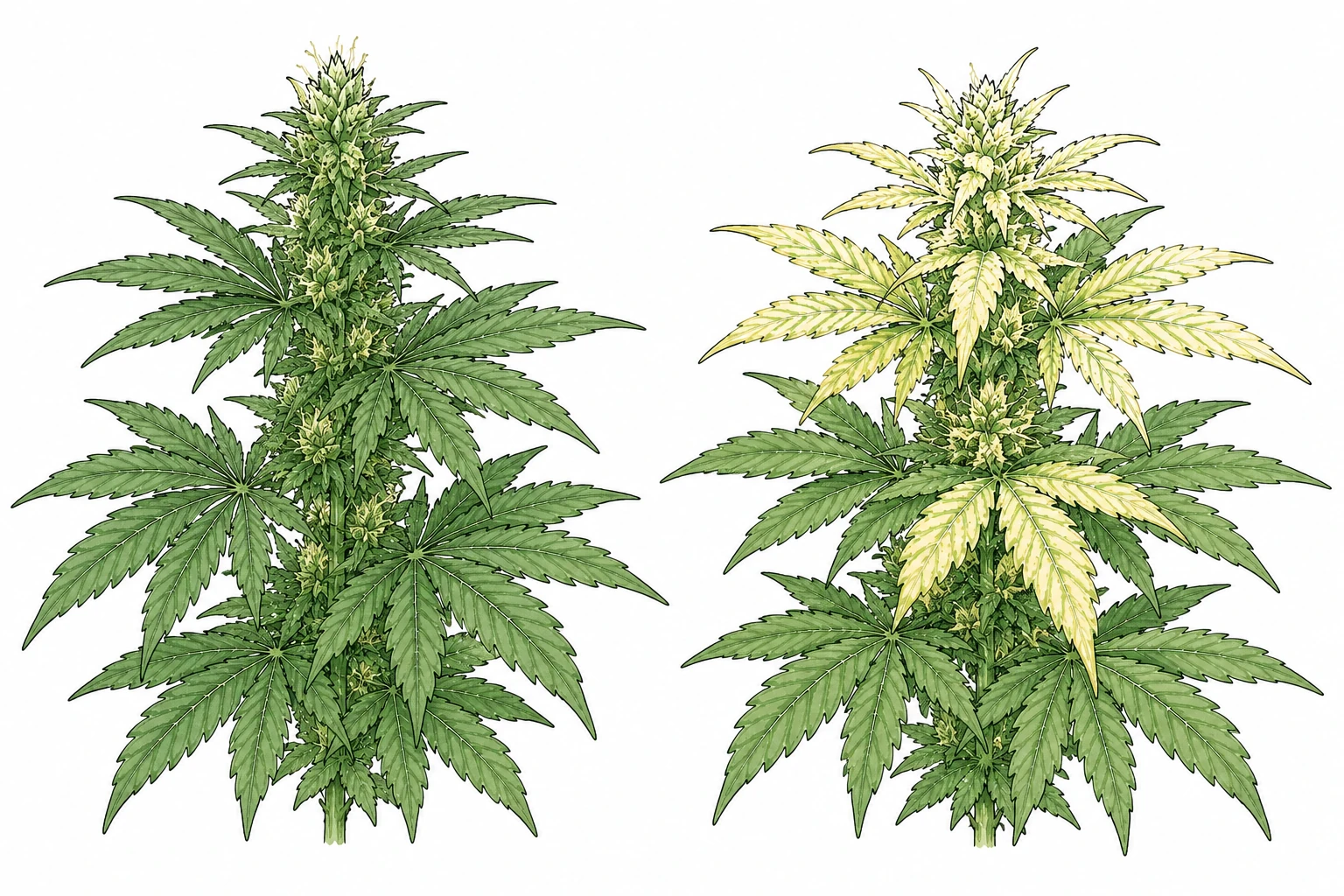 Vergleich gesunde Cannabis-Blätter und Lichtverbrennung mit gelblich ausgebleichten Triebspitzen