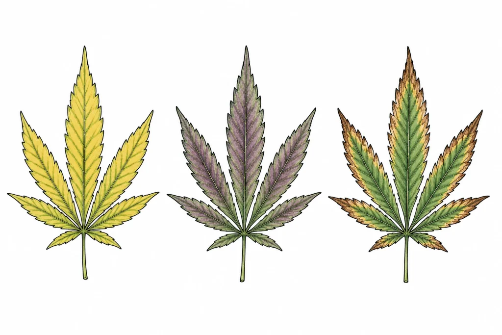 Vergleichstafel drei Cannabis-Blätter für Cannabis Mangel erkennen: Stickstoffmangel, Phosphormangel und Kaliummangel im Vergleich