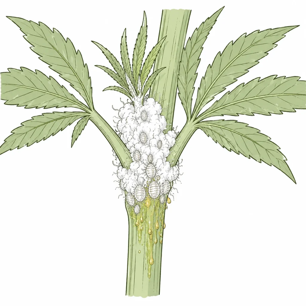 Wollläuse Cannabis erkennen – weißer watteartiger Belag in der Blattachsel