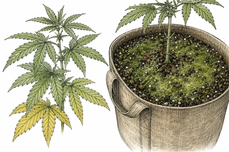 Algenbefall Cannabis: Cannabisblätter mit leichten Vergilbungen an unteren Blättern