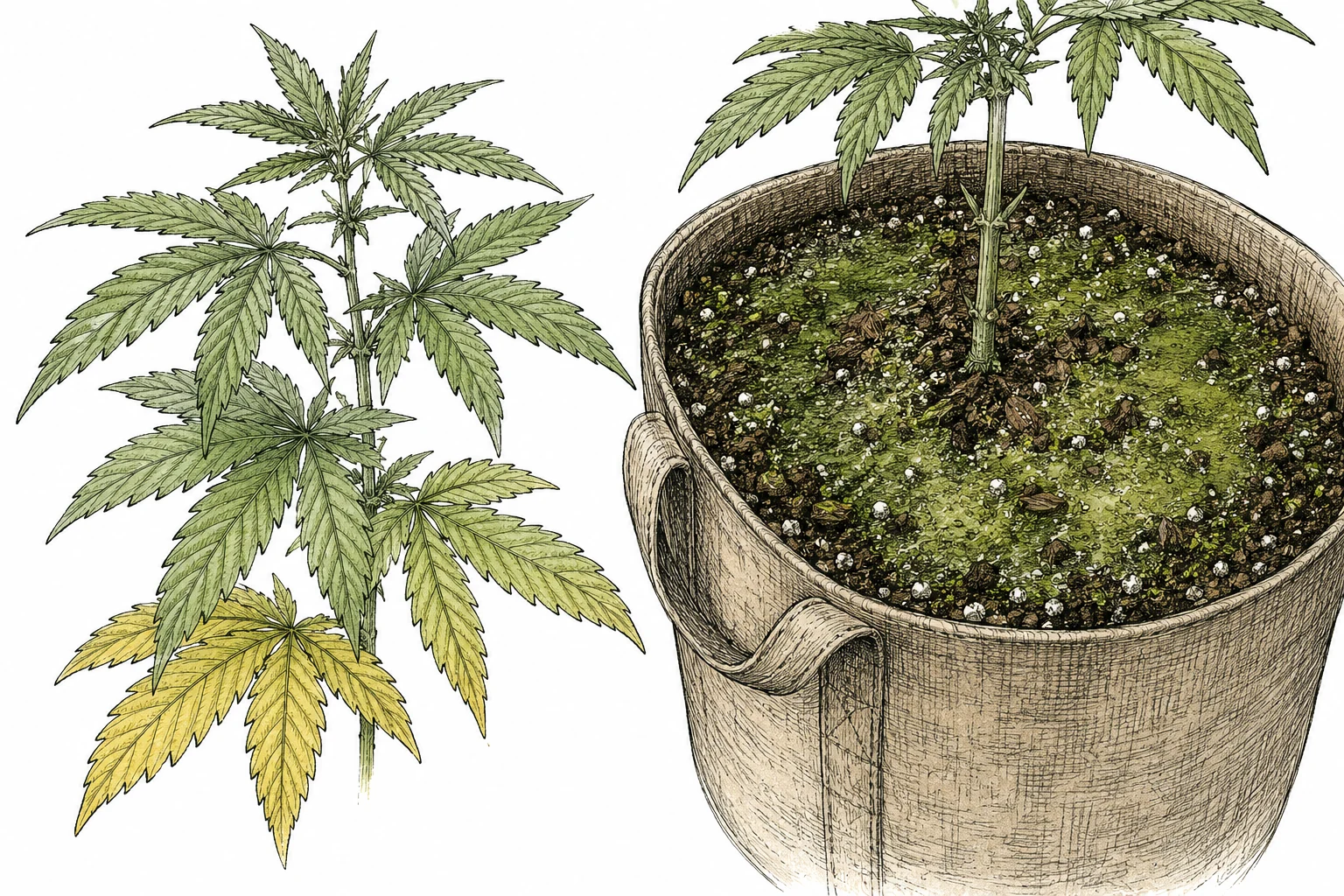 Algenbefall Cannabis: Cannabisblätter mit leichten Vergilbungen an unteren Blättern