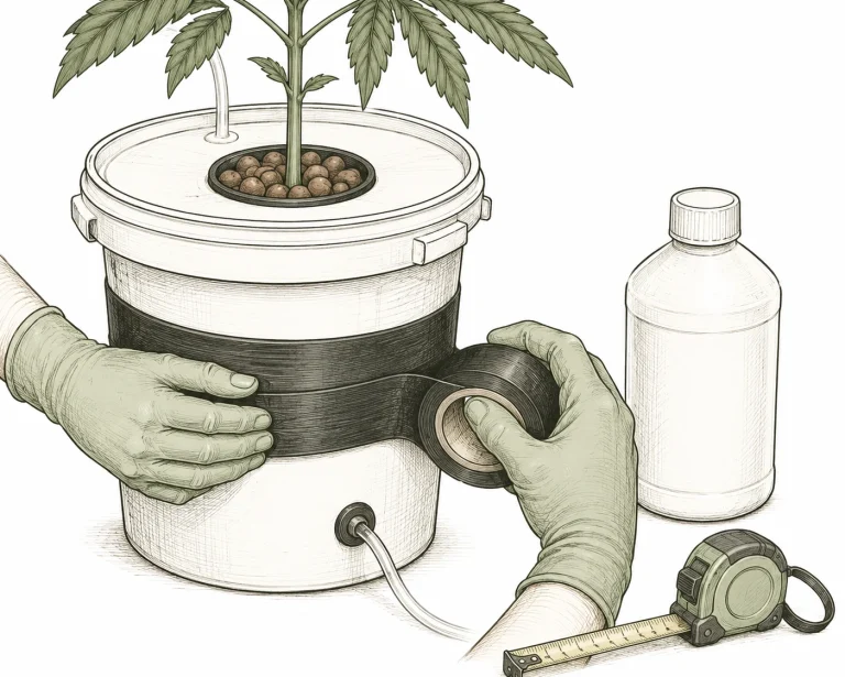 Algenbefall Cannabis: Sauberer weißer DWC-Eimer wird mit schwarzem Isolierklebeband abgedichtet