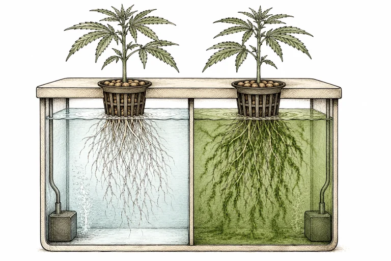 Algenbefall Cannabis: Vergleichsbild: links klares Wasser in einem DWC-System