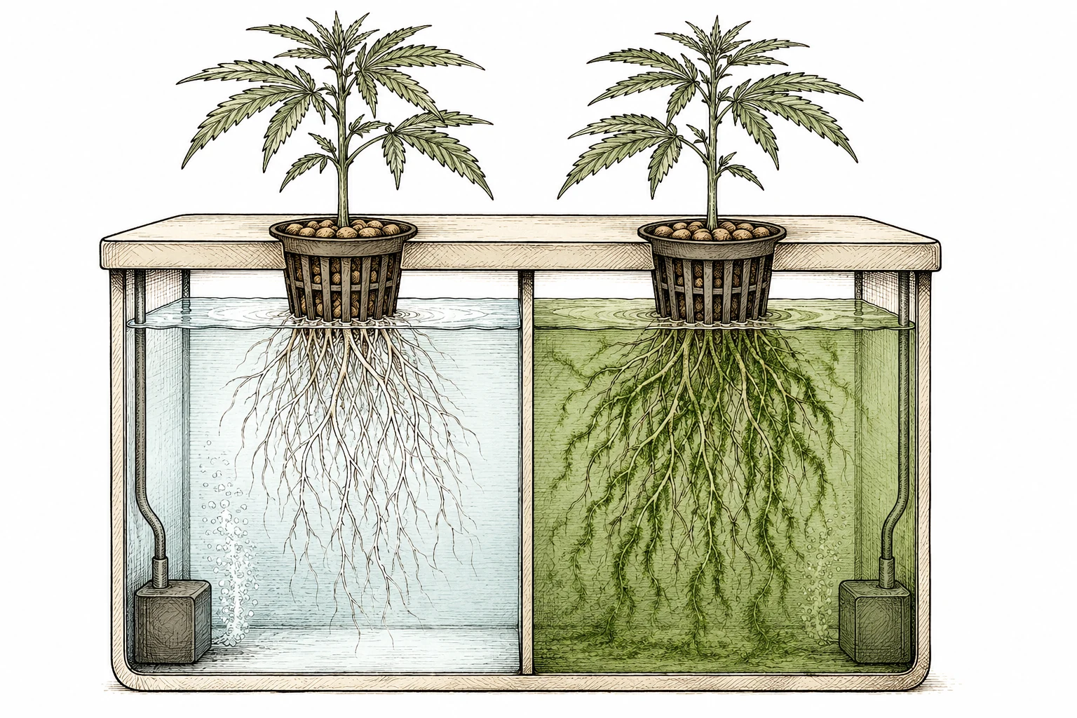 Algenbefall Cannabis: Vergleichsbild: links klares Wasser in einem DWC-System