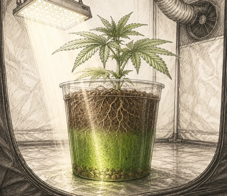 Algenbefall Cannabis: Growbox mit sichtbarem Lichteinfall auf das Substrat durch transparenten Topf und fehlendem