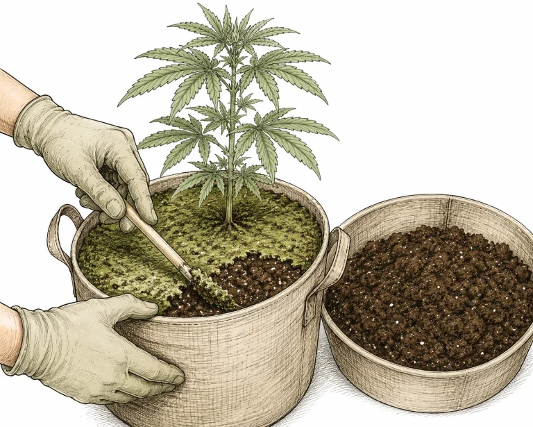 Algenbefall Cannabis: Grower trägt Handschuhe und kratzt mit einem Holzstab die oberste grün befallene Substratschicht ab
