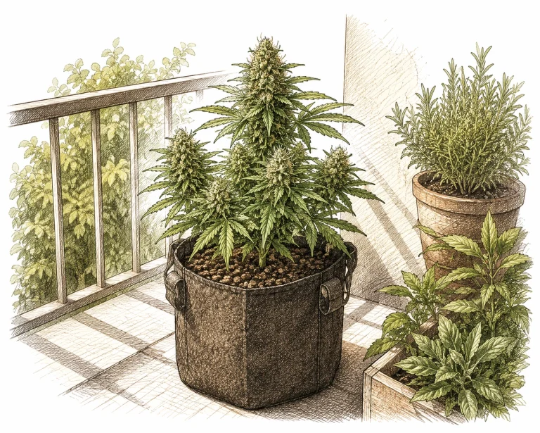 Autoflower kompakt blühend auf dem Balkon im Sonnenlicht