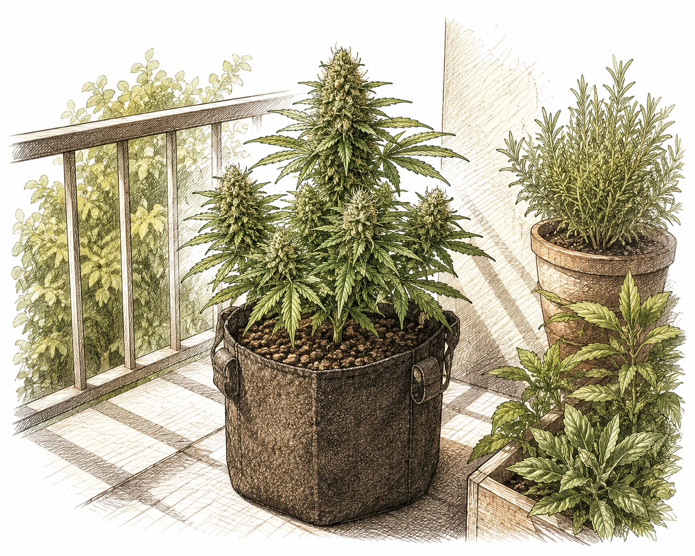 Autoflower kompakt blühend auf dem Balkon im Sonnenlicht
