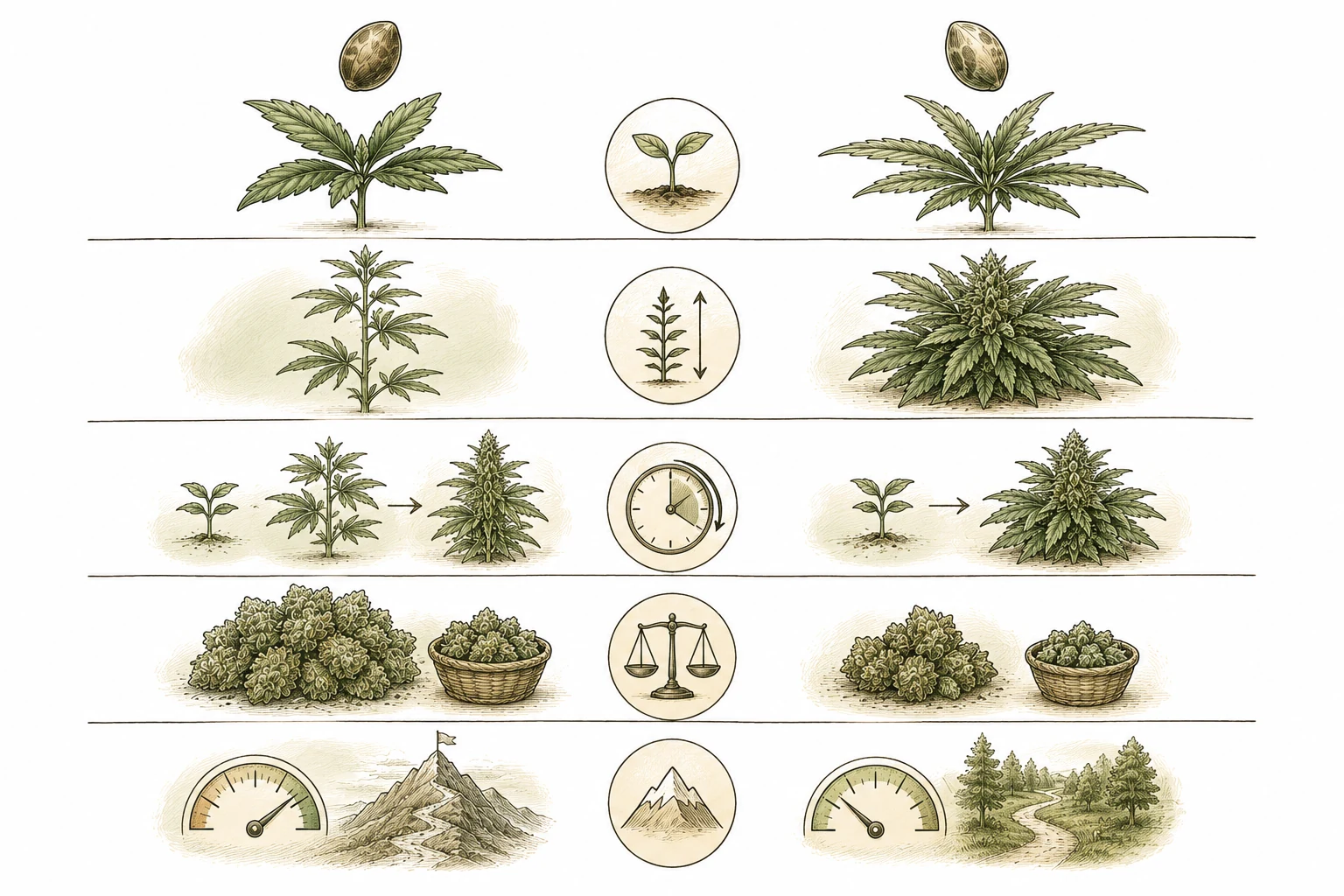 Autoflower vs. feminisiert Vergleich Wachstum Ertrag Infografik