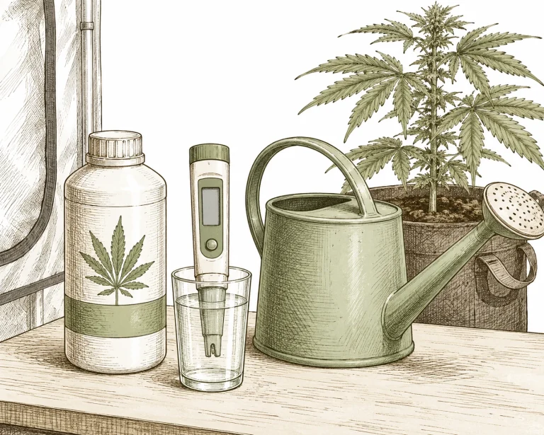 Flasche CalMag-Dünger neben pH-Messgerät und Gießkanne auf einem Grow-Tisch