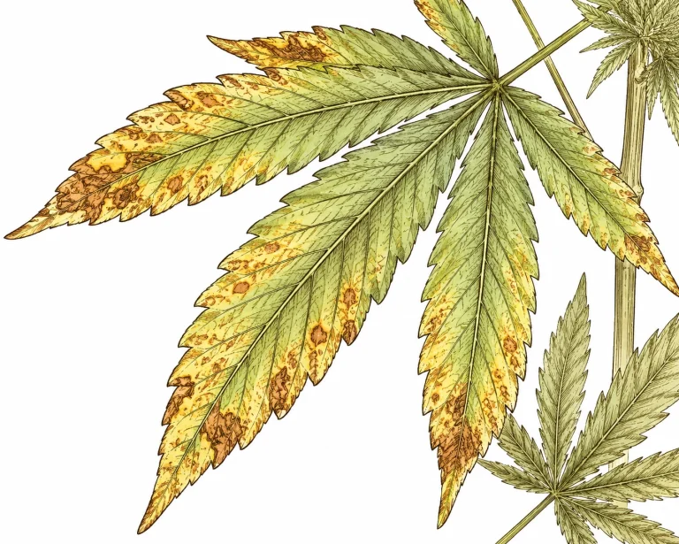 CalMag Mangel: Nahaufnahme Cannabisblätter mit rostbraunen intervenösen Flecken