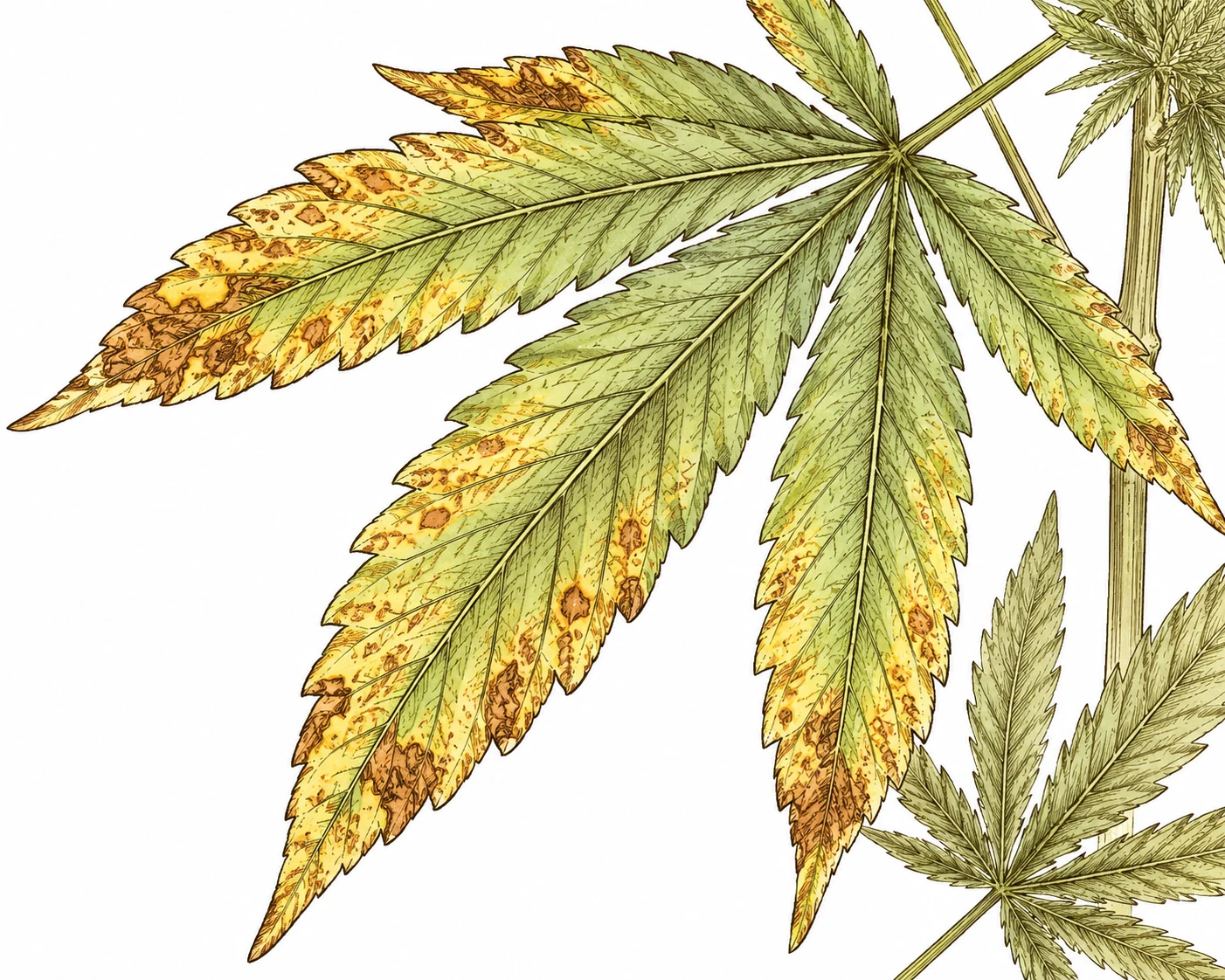 CalMag Mangel: Nahaufnahme Cannabisblätter mit rostbraunen intervenösen Flecken