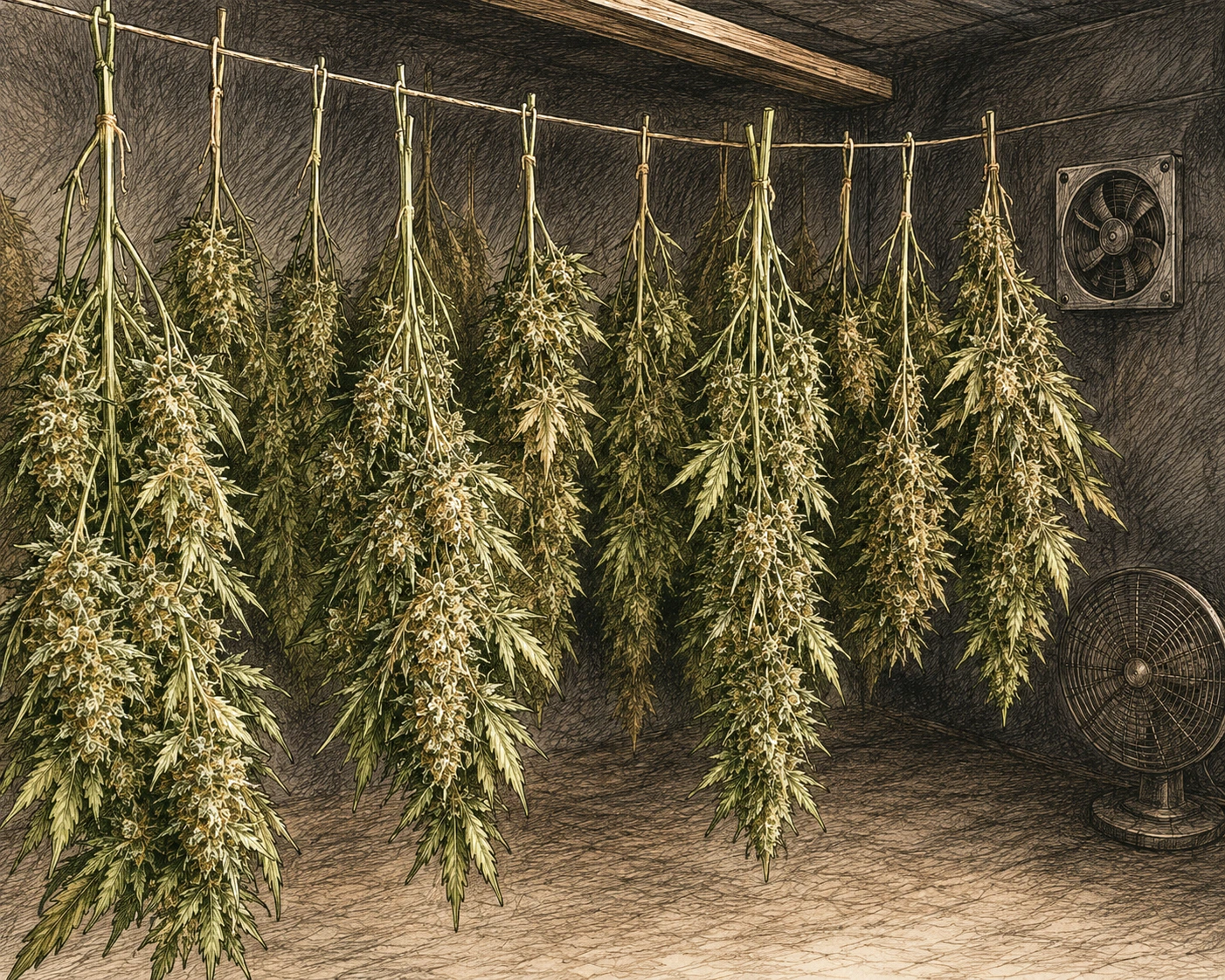 Cannabis Äste kopfüber im Trockenraum aufgehängt
