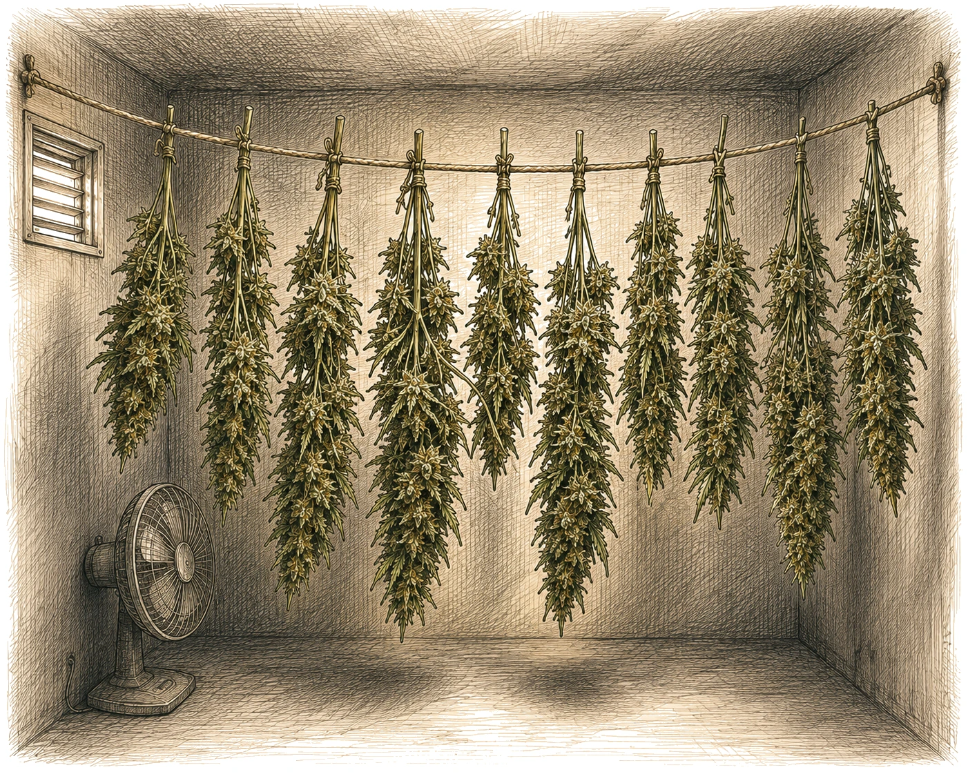 Cannabis Äste Wäscheleine Trockenraum abgedunkelt