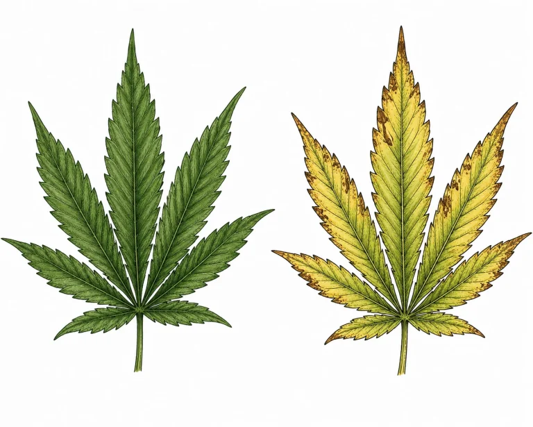 Cannabis Blatt gesund im Vergleich zu Nährstoffmangel-Symptomen