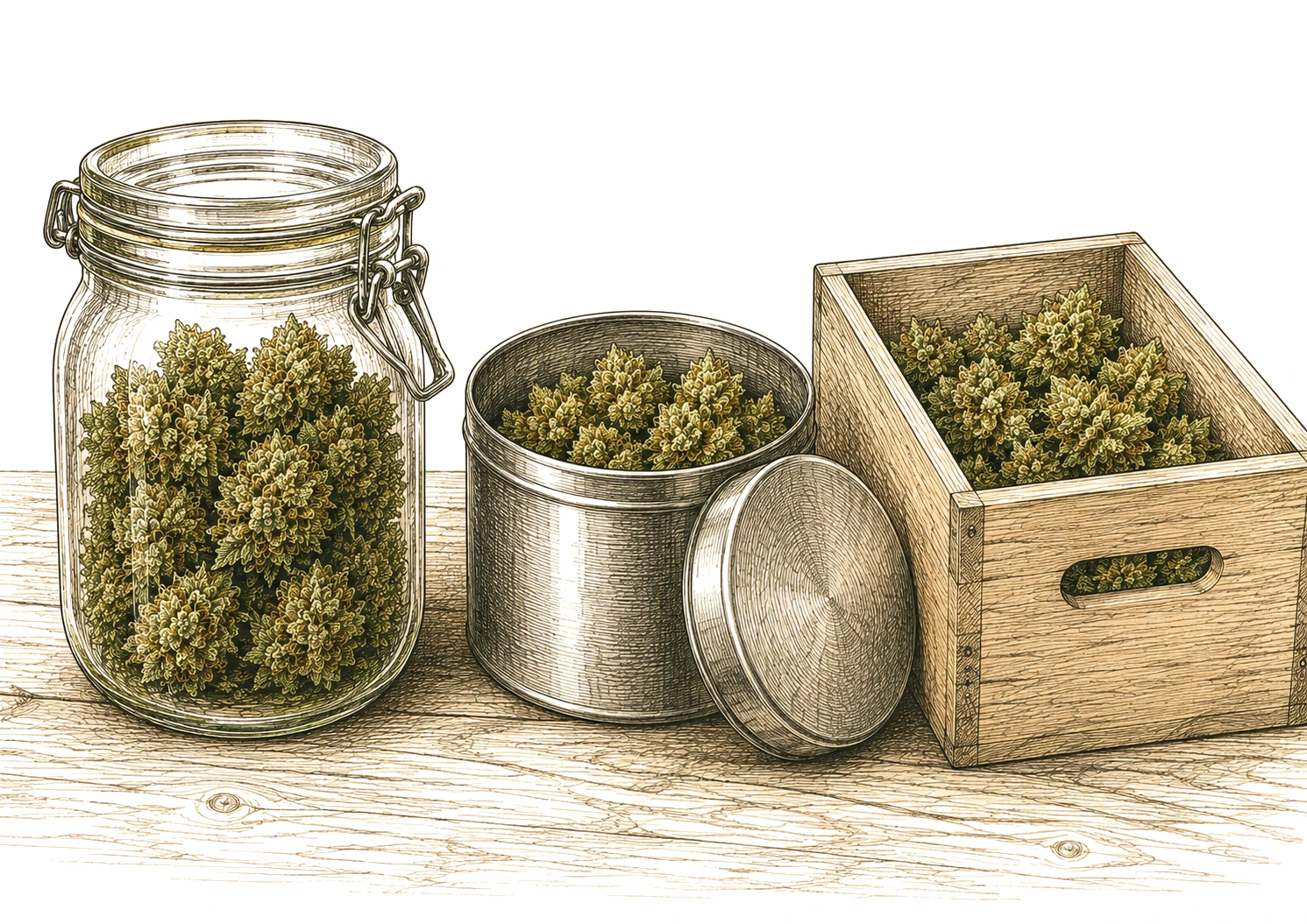 Cannabis Curing Behälter Weckglas Metalldose Holzkiste