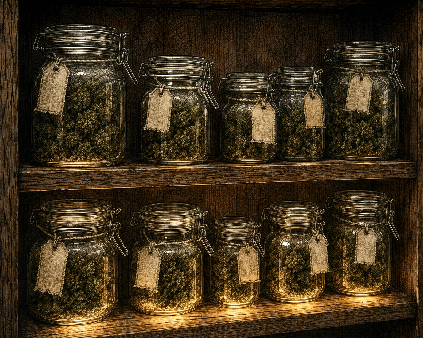 Cannabis Curing Gläser Stoffanhänger Holzregal
