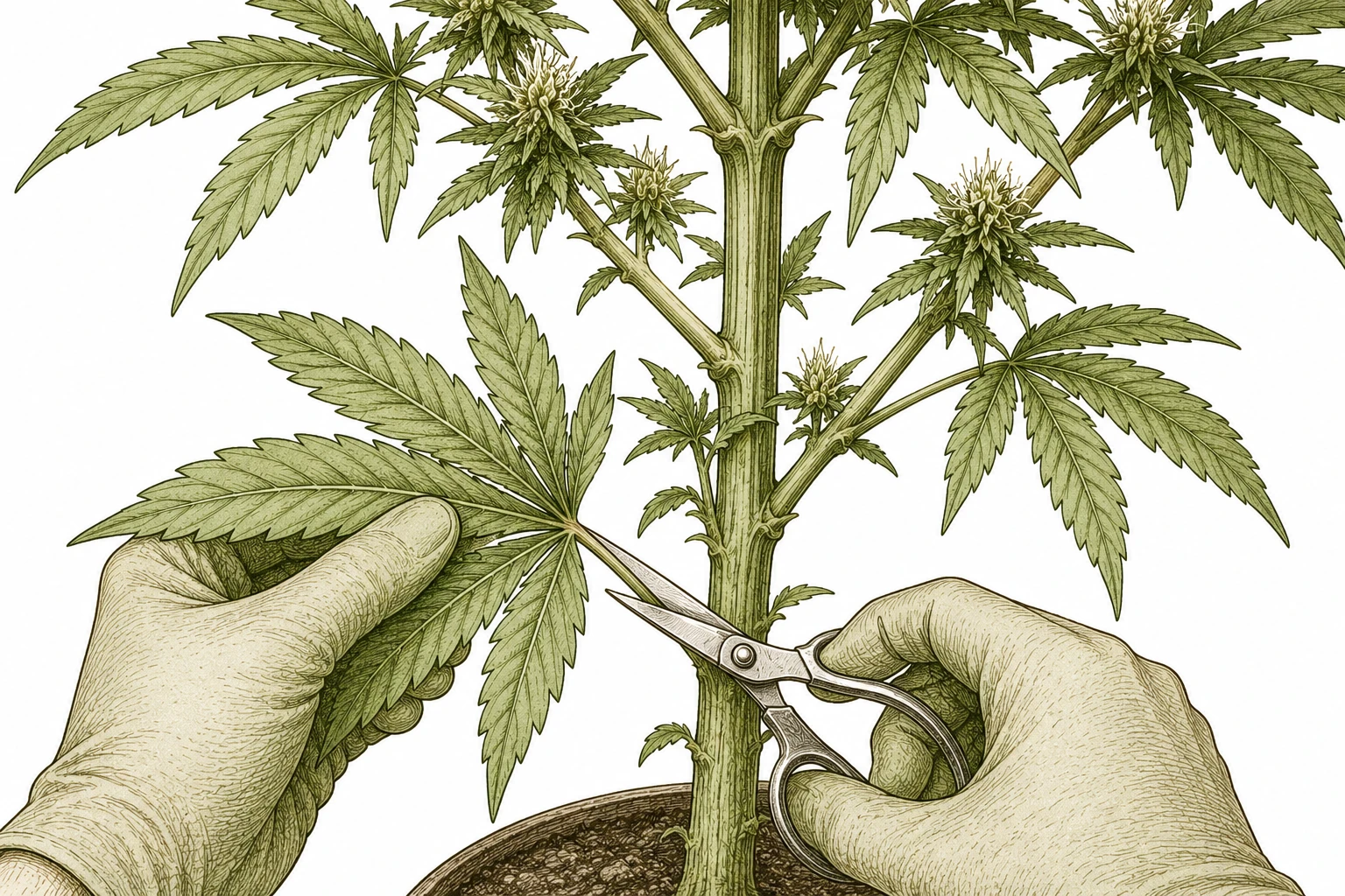 Cannabis Defoliation Bild 1 — Gezielt entfernte große Fan Leaves legen die darunterliegenden Seitentriebe frei und lassen mehr Licht durch