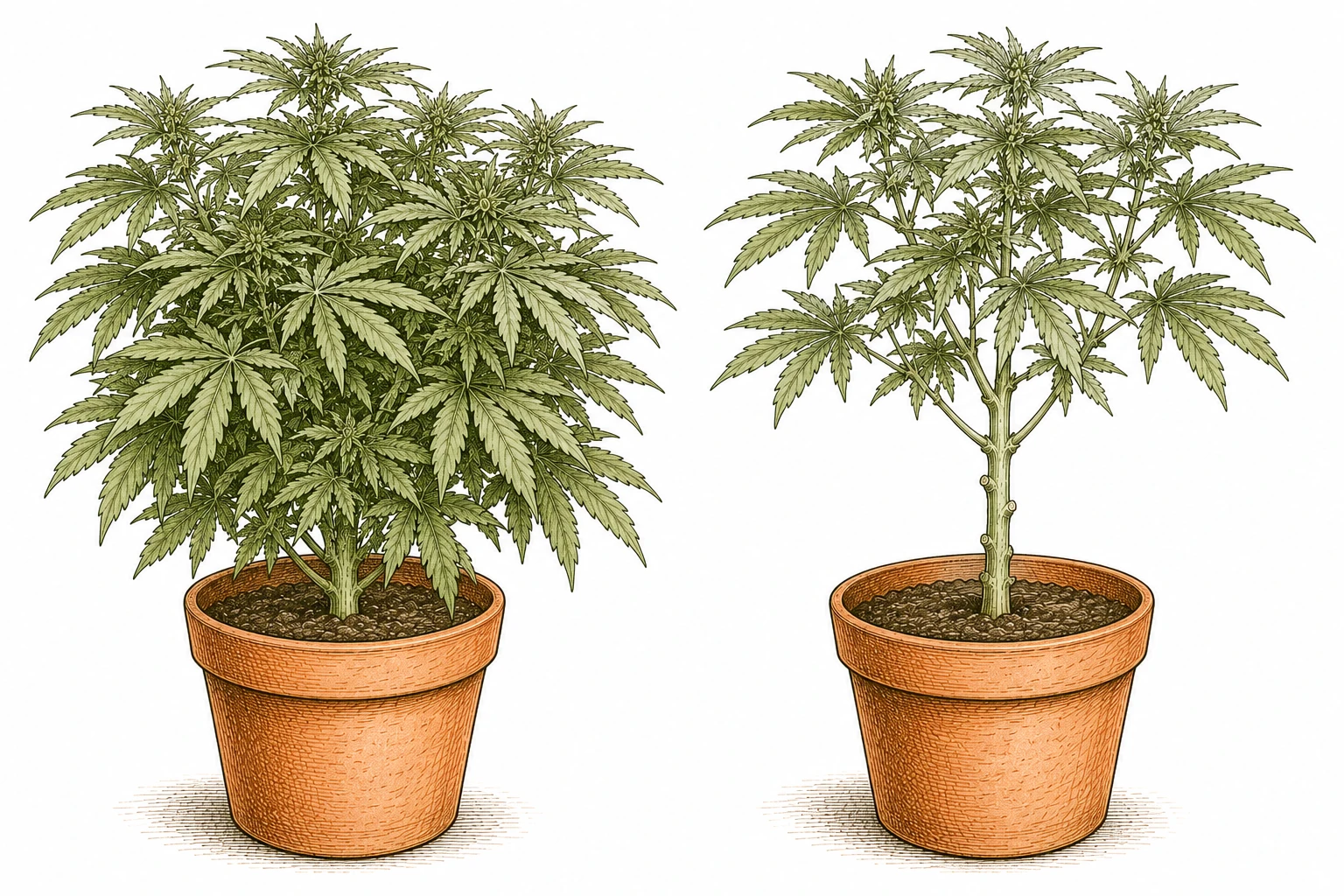 Cannabis Defoliation Bild 2 — Im Vergleich: die gleiche Pflanze vor und nach der Defoliation in der Spätvegetation