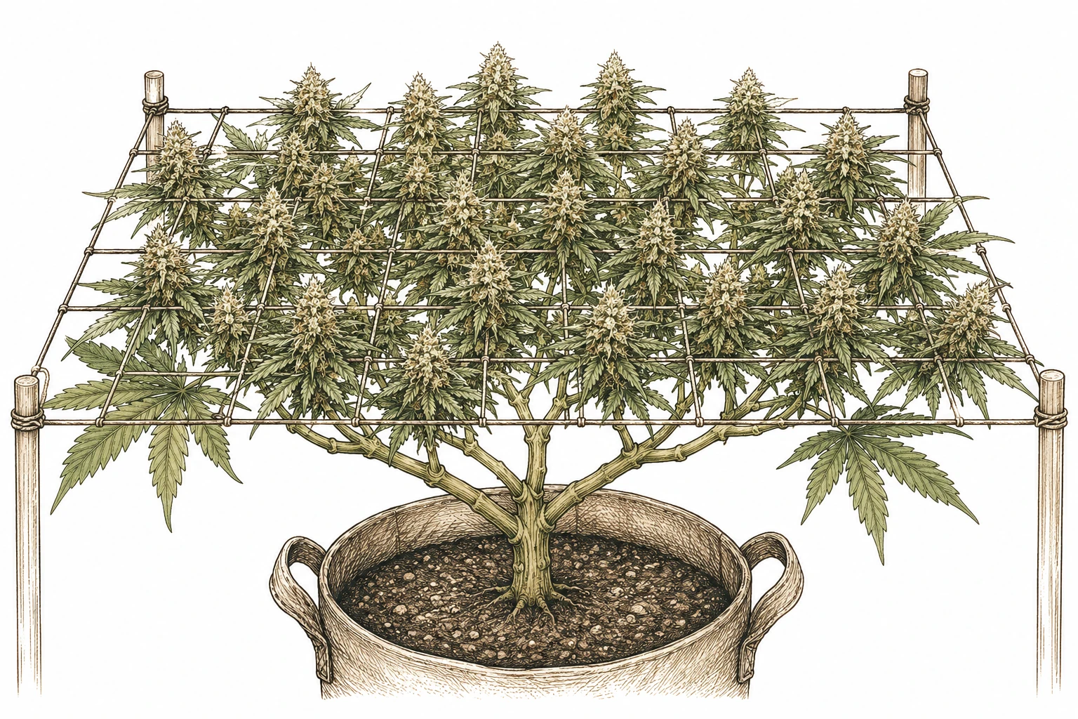 Cannabis Defoliation Bild 5 — Kombiniert mit LST sorgt Defoliation im SCRoG-Netz für eine besonders gleichmäßig belichtete Blütenzone