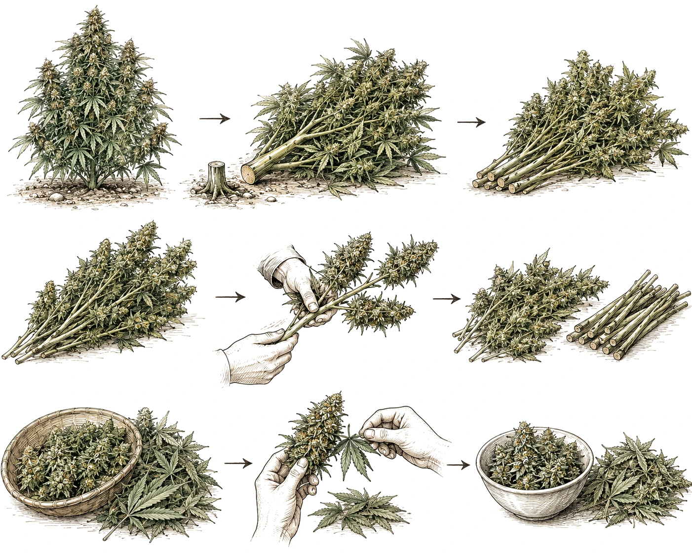 Cannabis Ernte Schritte Äste trennen Blätter entfernen