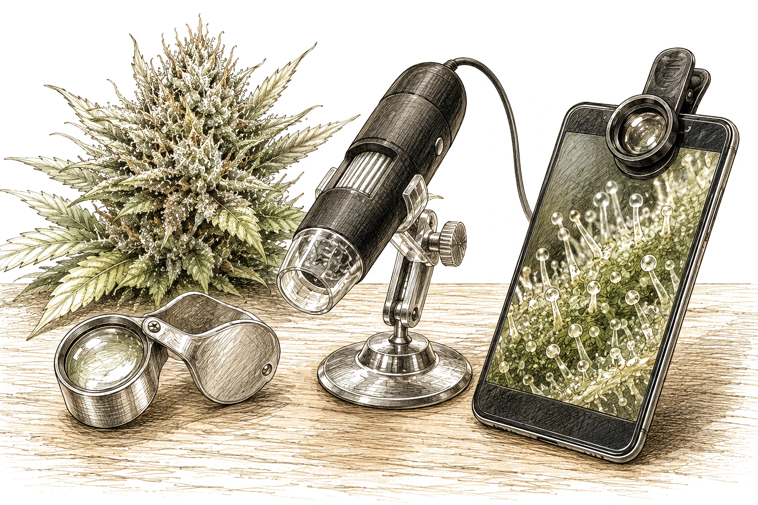 Cannabis Erntezeitpunkt Werkzeuge Lupe Mikroskop Makroobjektiv