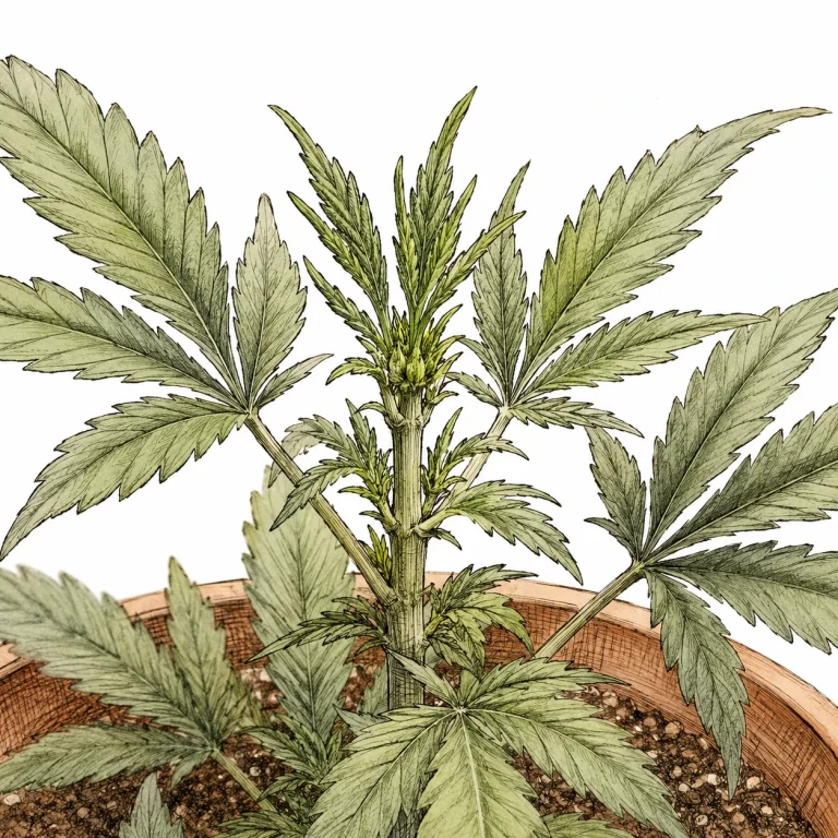 FIM Methode Cannabis Bild 1 — Vor dem FIM-Schnitt: die junge Wachstumsspitze mit ihren zarten Blättchen, gut erkennbar vor gesundem Blattwerk